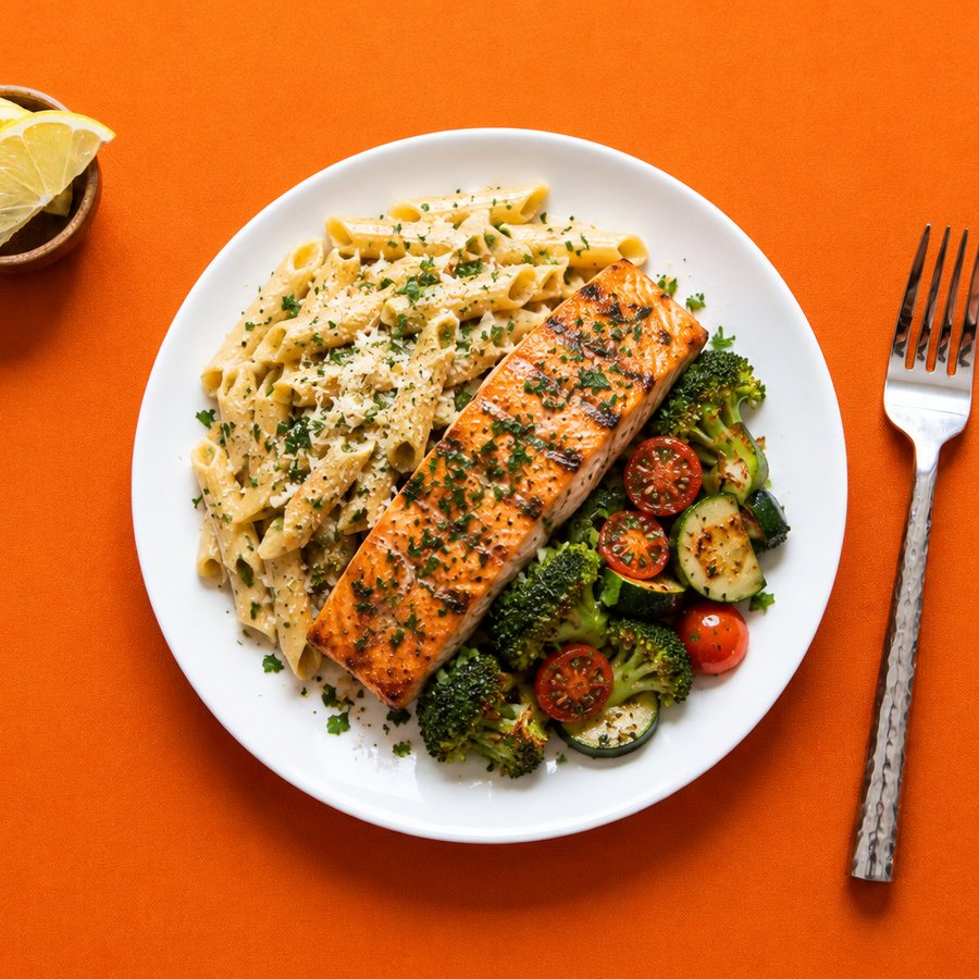 Pavé de saumon grillé, penne au parmesan et légumes rôtis, vu du dessus