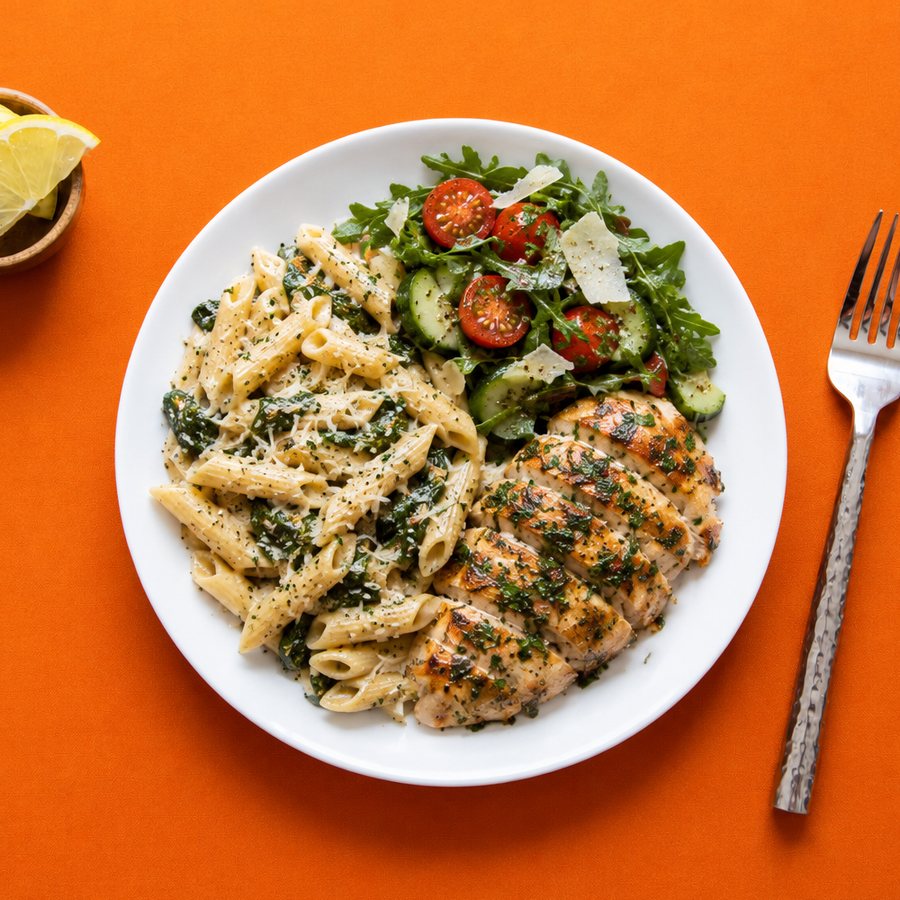 Suprême de volaille grillé aux herbes, penne aux épinards et salade de roquette, vu du dessus