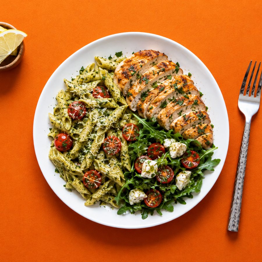 Volaille grillée tranchée, penne au pesto et salade de roquette à la mozzarella, vue du dessus